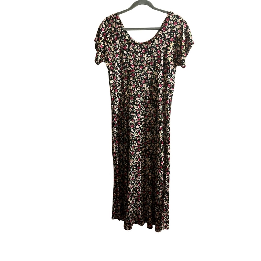 Vintage Rabbit Rabbit Rabbit Designs Floral Maxi Dress 90s Rayon Pink Black Sz 6